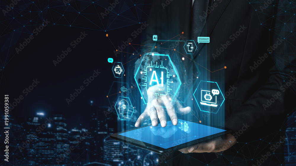 Obraz premium Global AI Assistant network and digital AI connectivity nodes on world globe cyberspace background, futuristic AI technology connected ecosystem. Neural network AI machine learning system. Corpus