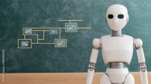 White robot facing a data algorithm flowchart on a chalkboard, illustrating AI processing, machine learning and intelligent data analysis. ,AI ,Algorithm