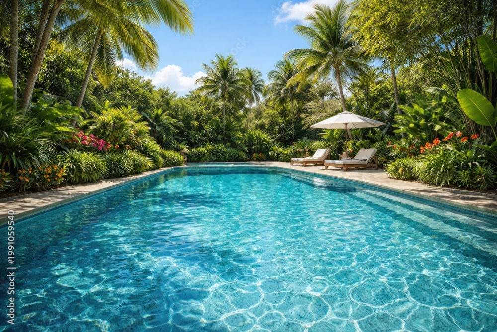 Fototapeta premium Blue saltwater pool in tropical garden setting offering clear copy space background