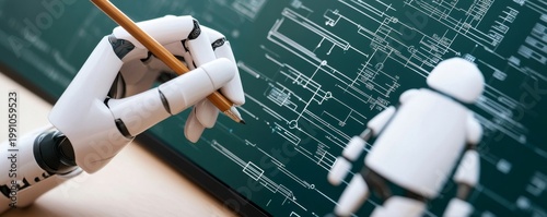 White robotic hand holding a pencil drafting digital blueprints on a screen, with a blurred robot observing. Future of AI engineering and automated design. AI, Robotics