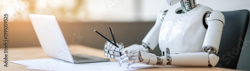 White robot's hand holding pencils, sketching designs by a laptop. Illustrates AI's creative potential, future design automation and engineering innovation. Robotics, Creativity