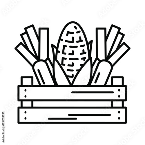 Fresh corn cobs and leeks in wooden crate line art vector illustration for farm to table branding