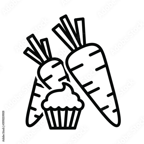 Clean vector icon set of fresh carrots and cupcake dessert outline illustration representing healthy and unhealthy food choices for nutritional education