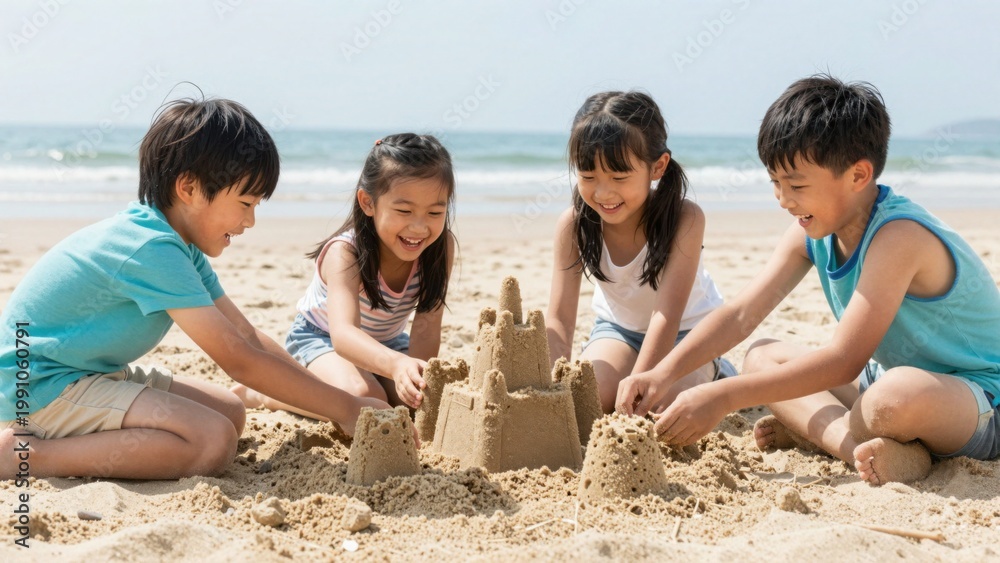 Fototapeta premium Children building sandcastle on sunny beach shoreline