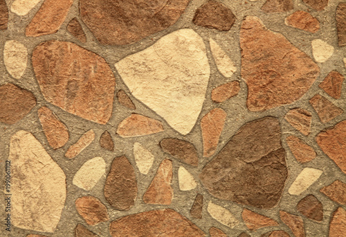 Linoleum with textured pattern, backdrop. PVC flooring with pattern that imitates stonework. Surface with imitation of scattered stones on a gray background. Artificial covering with stones pattern