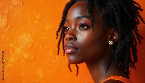 Young black woman with dreadlocks and makeup poses against bright orange backdrop. Her expression is thoughtful and serene. She wears a shiny earring and orange clothing.