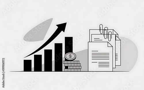Bar chart shows financial growth next to a stack of important documents.