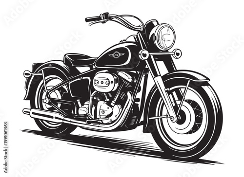 Vintage classic motorcycle hand drawn illustration showing engine details and retro cruiser style.