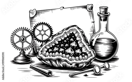 Geode crystal sits beside glass equipment and metal gears on the table.