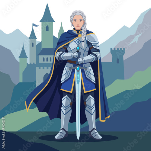 A powerful portrayal of a female knight standing confidently with a sword in front of a majestic castle, blending themes of strength, bravery, and medieval fantasy aesthetics.