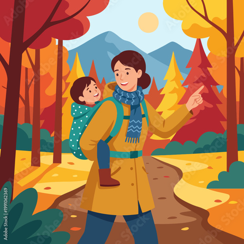 A joyful mother carries her smiling child on her back while walking through a colorful autumn forest, showcasing the beauty of family bonding and nature exploration.