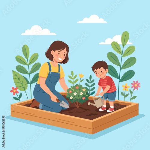 This heartwarming scene captures a mother and her young son joyfully tending to a garden, planting flowers and nurturing their bond in a vibrant outdoor space filled with greenery.