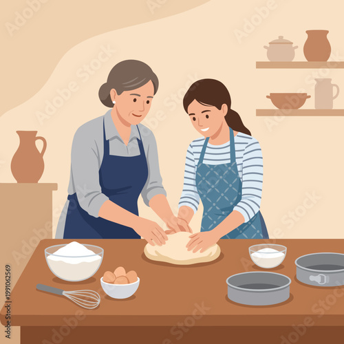 This heartwarming image shows a grandmother and granddaughter joyfully kneading dough together, embodying the values of family, tradition, love, and culinary art in the kitchen.