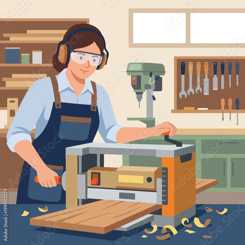 A skilled craftsperson operates a planer in a well-equipped workshop, illustrating the art of woodworking where precision meets creativity in creating fine wood products.