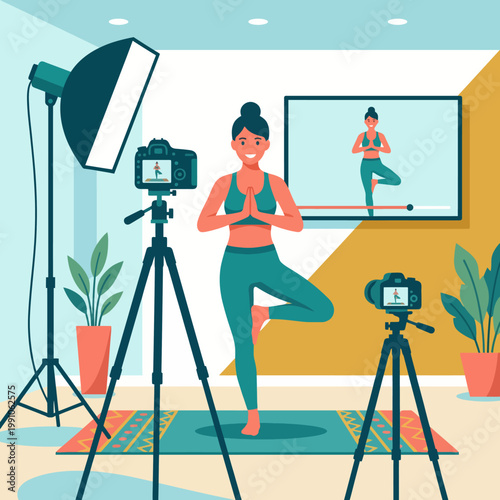A woman is performing yoga in a vibrant studio while being filmed for an online class, showcasing the integration of fitness and technology in a contemporary space.