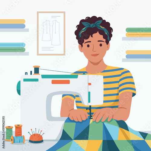 A person joyfully sewing a quilt with various geometric patterns, surrounded by sewing tools, showcasing the art of fabric and creativity in a vibrant home setting.