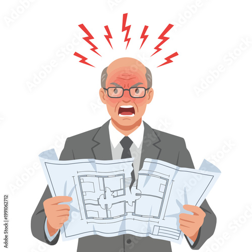 An angry businessman depicted holding blueprints with a frowning expression and overlaid with exclamation marks emphasizing his frustration in a chaotic work environment.