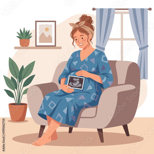 A joyful expectant mother sits comfortably in a chair, holding her ultrasound image, reflecting happiness and anticipation for her coming child in a cozy home setting.