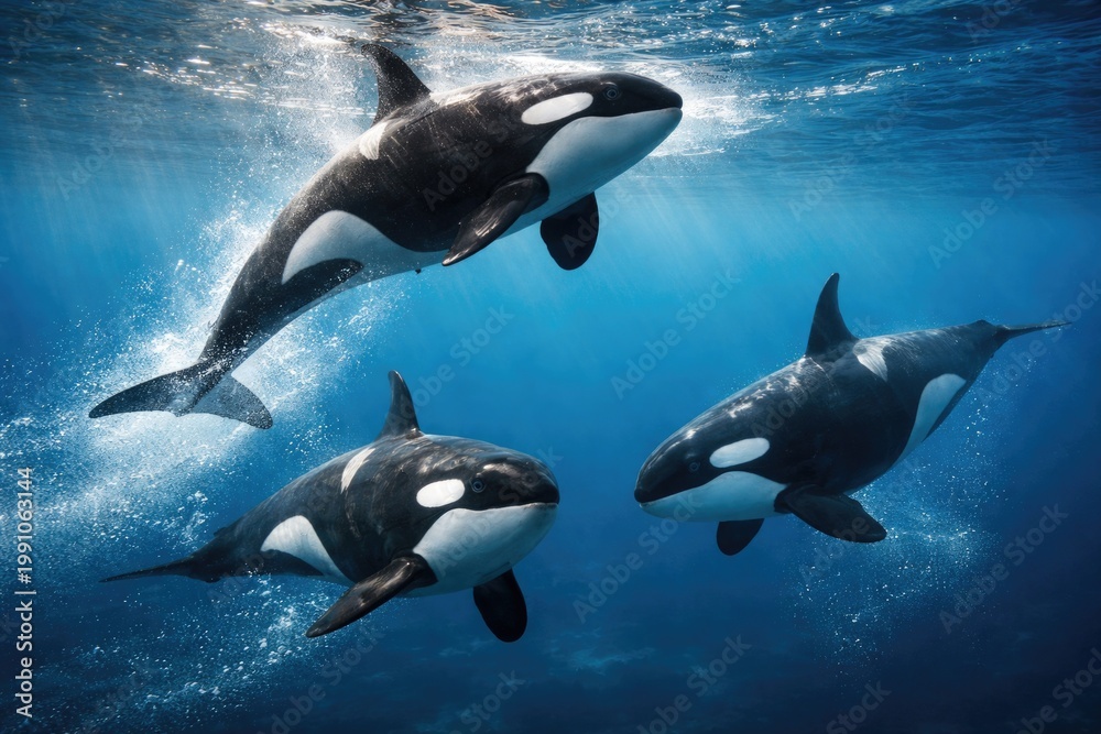 Obraz premium Three graceful orca whales engaging in mesmerizing aquatic displays