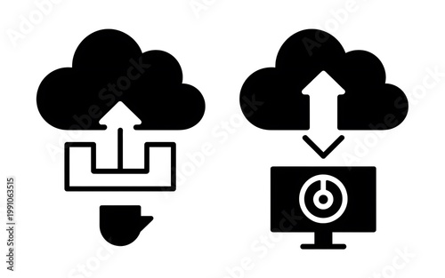 Cloud symbols represent data transfer and storage processes for computers.