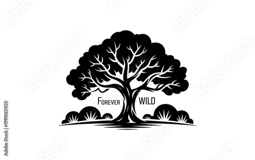 Tree silhouette stands centered with a bold Forever Wild text label below.