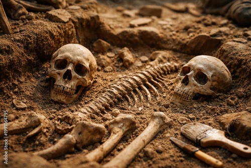 Field study exposing Neanderthal skeletal bones and ancient human cranium fossils