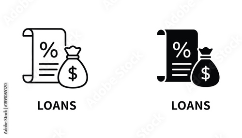 Loans icon set depicting a financial document and a money bag as a professional vector graphic for banking and credit service applications