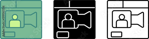 Three simplified graphic representations of a webcam interface with a person icon inside a camera lens suitable for digital communication and streaming services