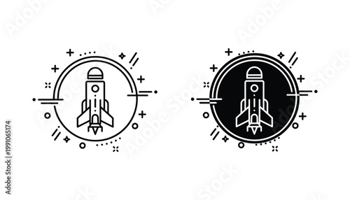 Minimalist rocket ship icon set in linear and solid circle styles for aerospace technology and startup branding projects isolated on white background