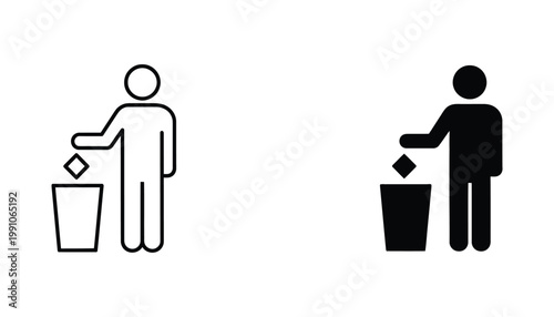 Human figure icon dropping an item into a trash bin symbolizing waste disposal or data deletion