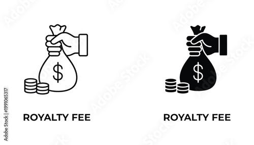 Royalty fee icon set depicting a hand holding a money bag with coins as a professional vector graphic for financial and business applications
