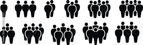 Black silhouette vector collection of various people groups, team community icons, crowd symbols, and user avatars for corporate business design.