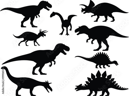 Black silhouette vector collection of various jurassic dinosaurs, prehistoric wild animals, and scary giant reptiles for kids graphic design projects.