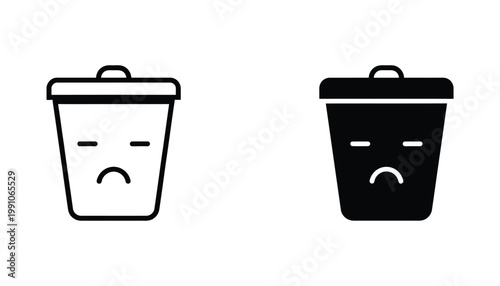 Sad trash can icon set with unhappy face for waste management and user interface error message notification design assets