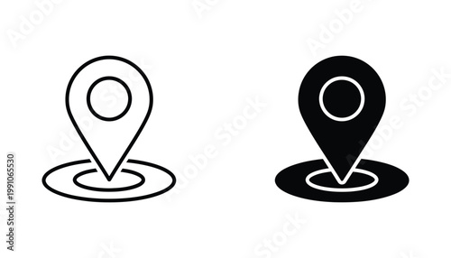 Map location pin marker icon set with outline and solid black style for navigation app and geolocation services interface design