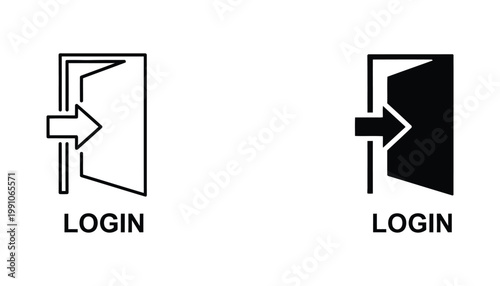 Login entrance doorway icon set with arrow entering room for website user authentication and access control interface design