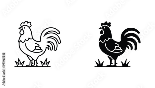 Stylized rooster standing on grass icon set with contour and bold silhouette versions for agricultural branding and farm design assets