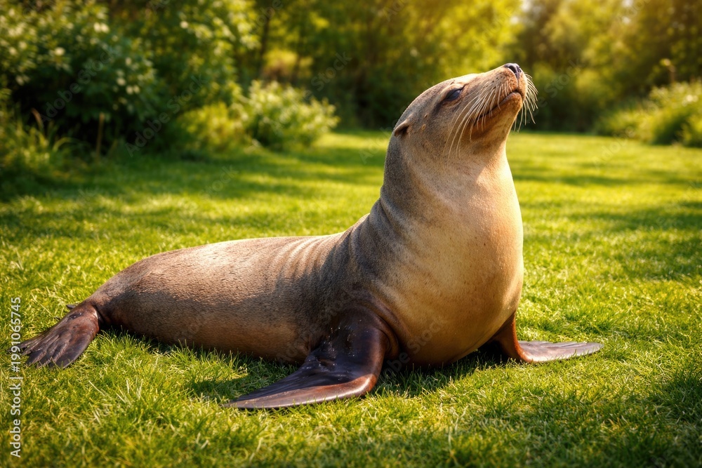 Fototapeta premium Content sea lion pet basking in sun on vibrant grassy lawn with full length perspective