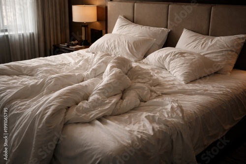 hotel bed in disorder with ...