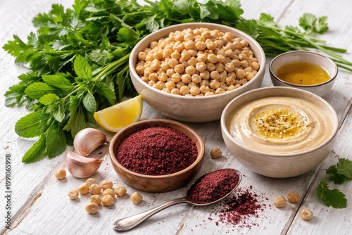 Herbs and sumac alongside r...