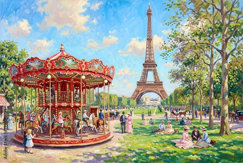 Eiffel Tower Carousel Park Scene Paris Belle Epoque