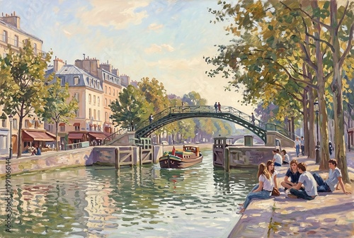 Canal Saint-Martin Paris Painting People Relaxing by Water