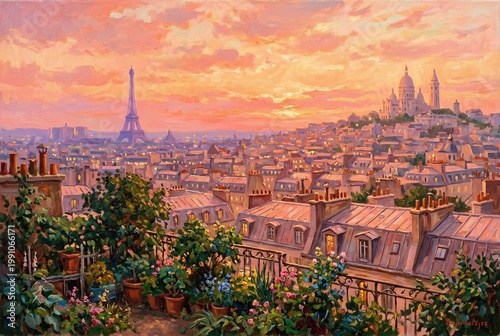 Paris Cityscape Sunset View Rooftops Balcony Flowers