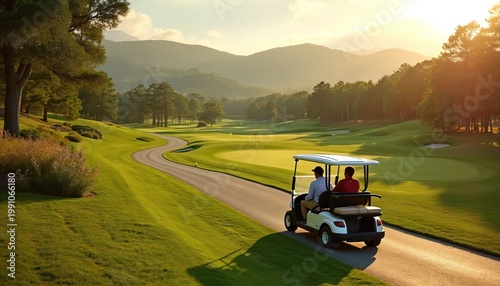 Two men ride in golf cart on scenic course with rolling hills. They drive on path past green grass and trees during sunset. Golfers enjoy leisure activity.