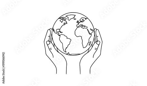 A minimalist line art illustration of hands holding the Earth