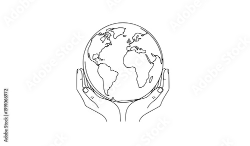 A minimalist line art illustration of hands holding the Earth globe