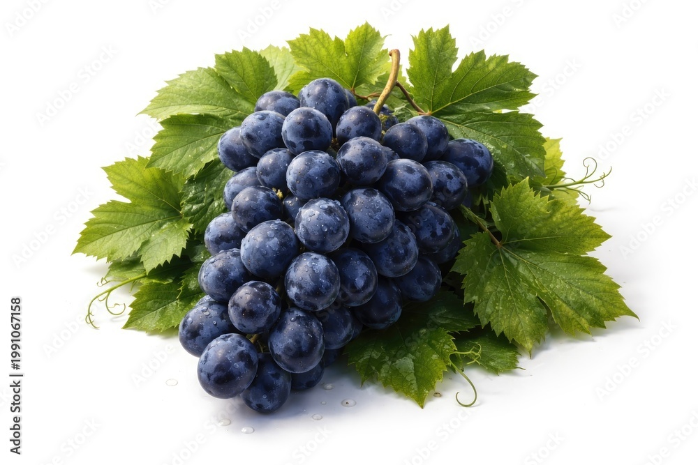 Fototapeta premium Blue grape bunch surrounded by leafy greens isolated on white backdrop