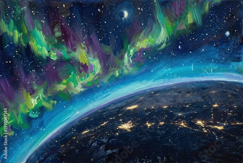 Vibrant Aurora Borealis Over Planet Earth at Night from Space