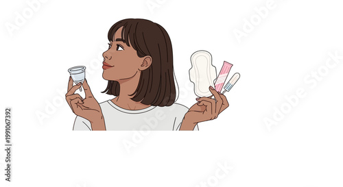 Woman holding pregnancy test and pill.