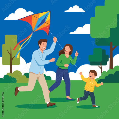 This joyful image captures a happy family running together in a park, flying a colorful kite, embodying fun, togetherness, and carefree moments outdoors under a bright blue sky.